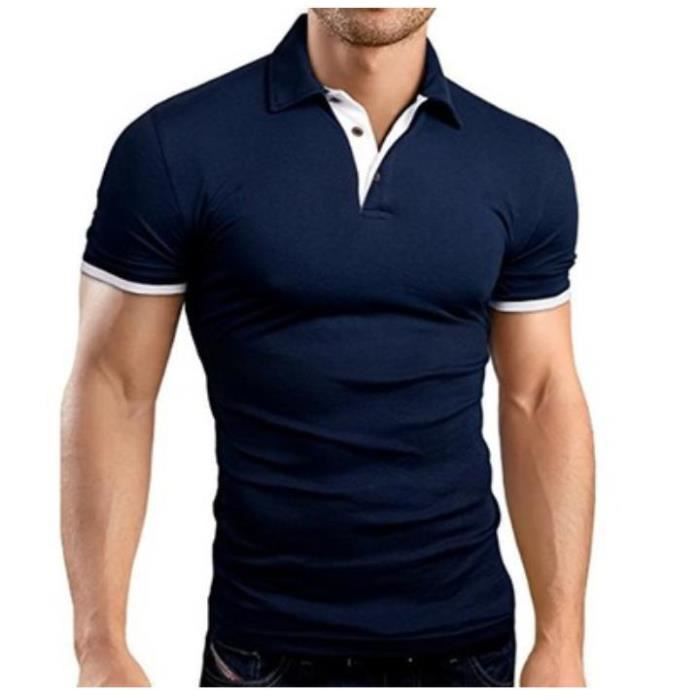 Homme Polo Shirt Manches Courtes Tennis Golf Poloshirt d'Eté Sport Stretch T-Shirt Bleu