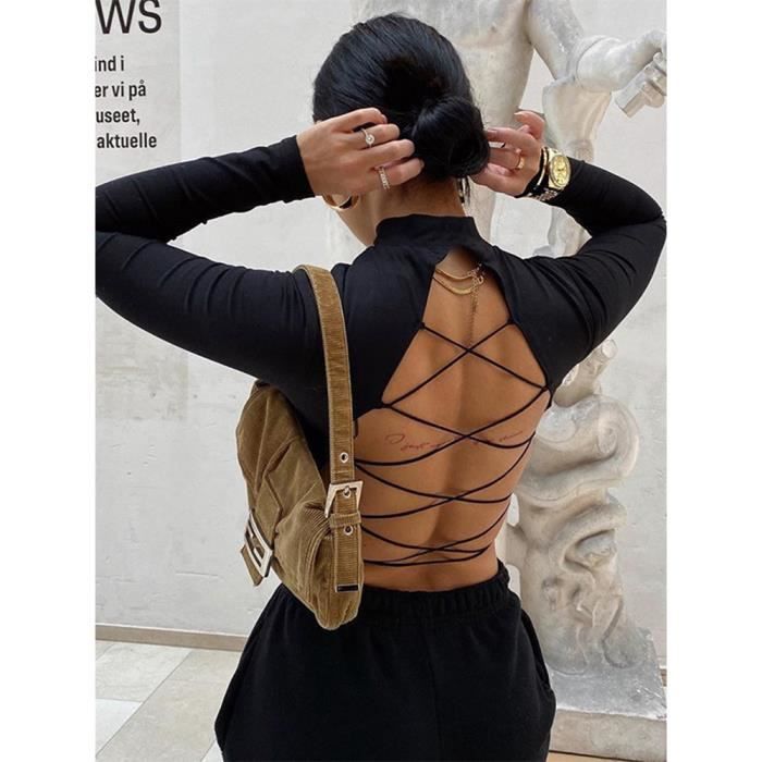 ECELEN Haut sexy moulant à manches longues et dos nu pour femme, vêtement  en coton, coupe mince, style urbain, harajuku, streetwear