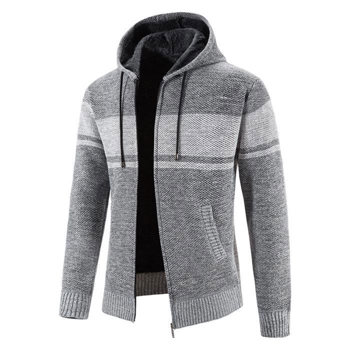 Gilet Homme Hiver Capuche en Tricot Doublé Polaire Cardigan Epais