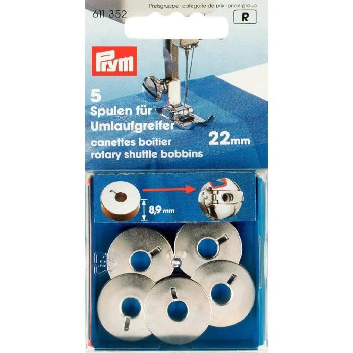 Canettes pour machine à coudre PRYM - Boîtier 22 mm - Acier Argenté - Diamètre 21,9 mm - Lot de 5