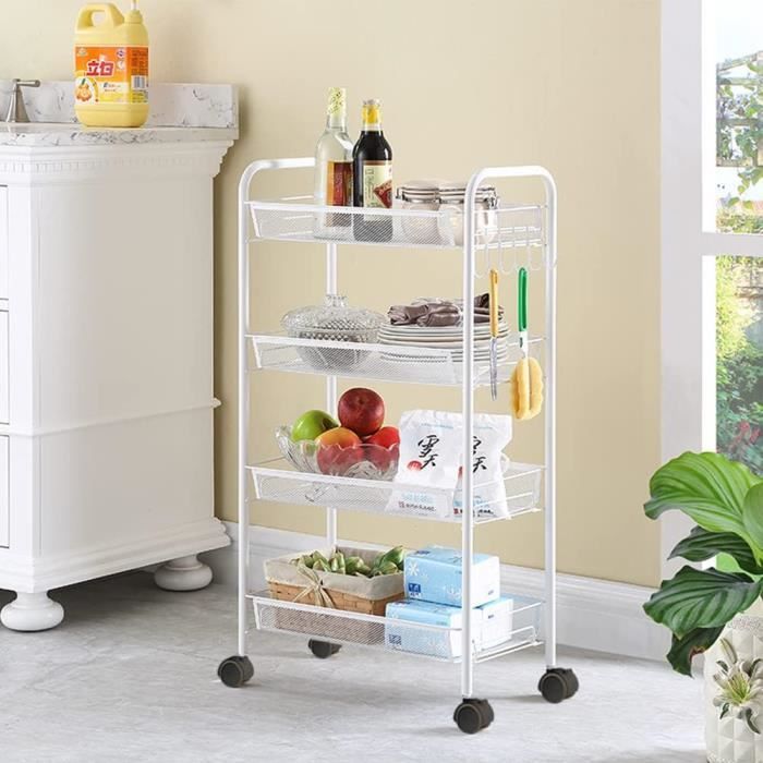 Chariot Rangement Coulissant 4 Étages KOMFOTTEU - Desserte Cuisine Avec Roues Et Poignée, Blanc Marron 47.5x20x80.5cm