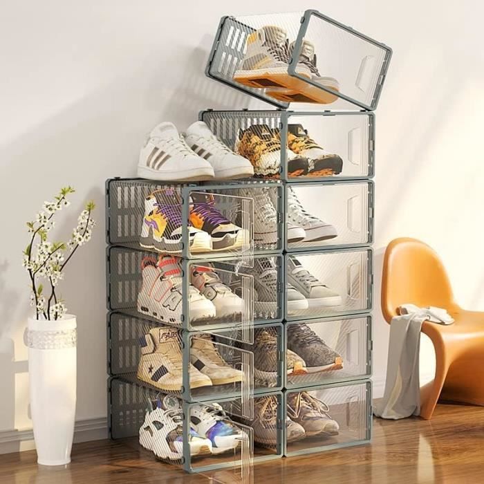 Euleryoo Boite Rangement Chaussure, Organisateur De Chaussures Convient Pour 12 Paires De Boîtes à Chaussures Empilables - Étagère à Chaussures Peu Encombrante - Organiseur Pour Armoire à Chaussures