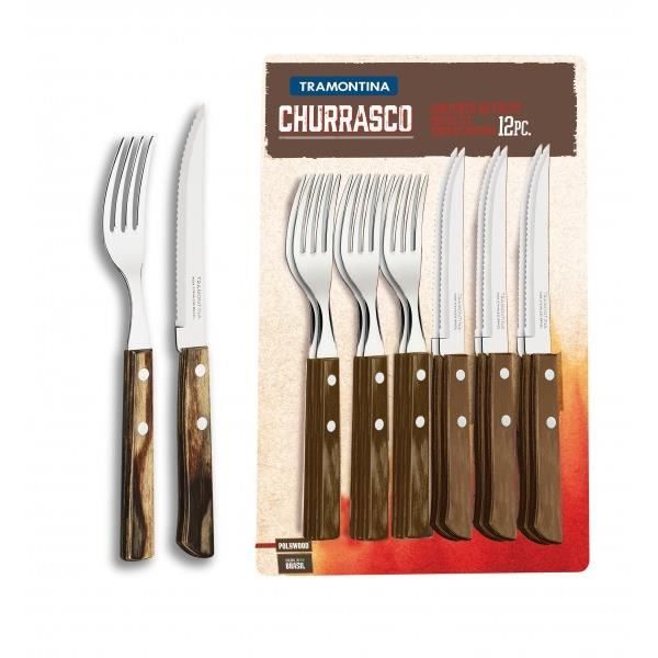 Couverts à Steak Tramontina - Lot De 12 - Acier Inoxydable Et Manche Bois - Style Traditionnel