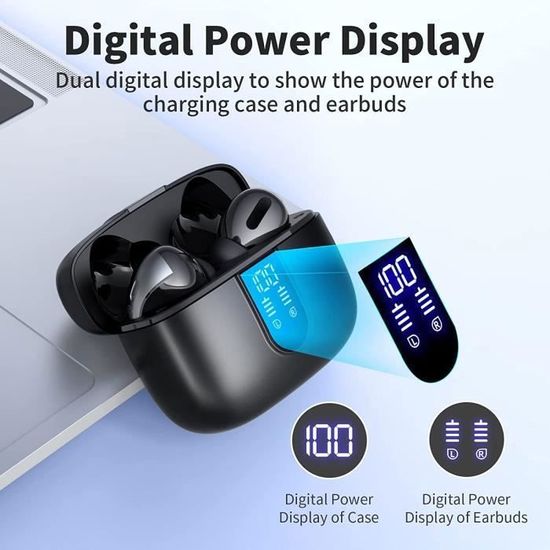 2023 Ecouteurs Bluetooth sans Fil 5.3 HiFi Stéréo Mic, 40H Oreillette avec Écran LED, IP7