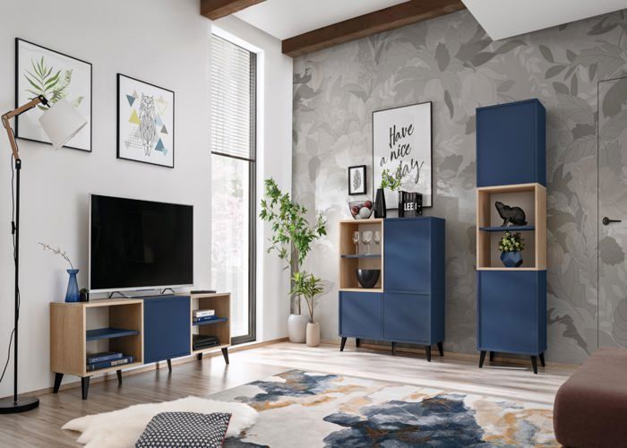 Buffet Bas Komodee Fondi – Style Scandinave – Bleu Et Bois Clair – 90cm