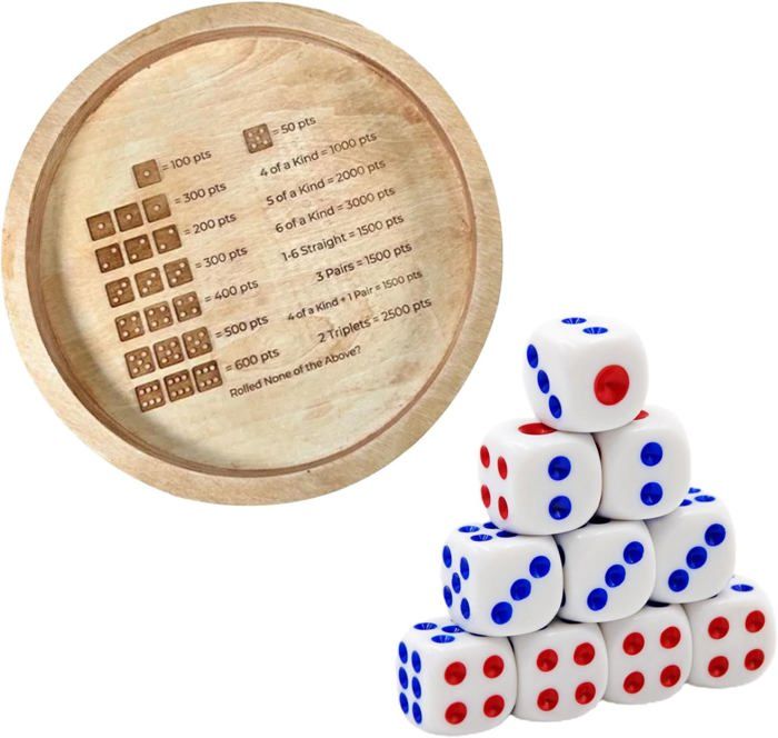 Bewinner Farkle – Jeu De Dés En Bois Avec Plateau Rond 30 Cm, 6 Dés, Sac De Rangement – Pour Soirée En Famille