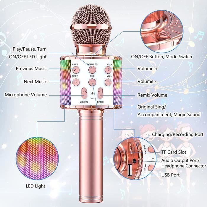Microphone Karaoké Sans Fil Bluetooth Portable avec LED Lumière Disco