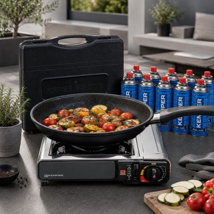 KEMPER Réchaud Gaz Inox 2200W + 12 Cartouches – Allumage Piezo, Sécurité Insert, Valisette, Nomade