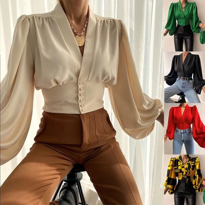 Chemise Chemisier elegant pour femmes Corset Chic col en v lanterne manches longues Slim Tee Shirt grande Red D414785 Blanc Cdiscount Pret a Porter