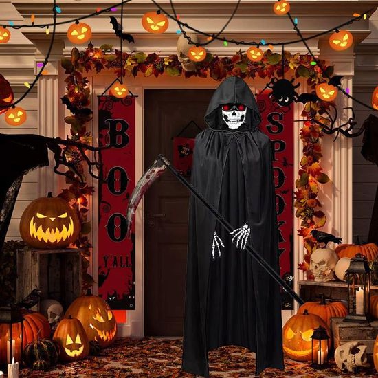 Costume Halloween Faucheuse Pour Enfant - Cape, Chaîne, Gants, Masque, Yeux Phosphorescents - Taille S à XL, Polyester - Cosplay, Carnaval, Fête Effrayante