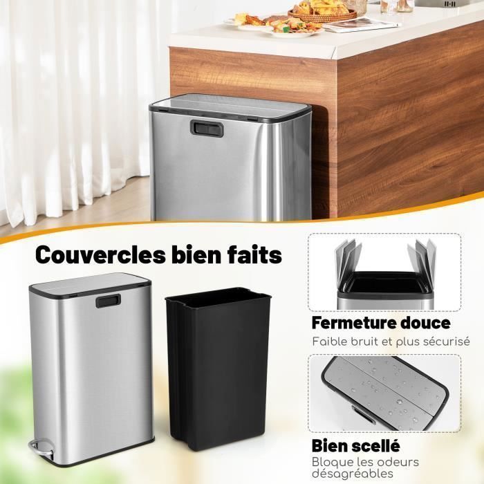 Poubelle Cuisine Automatique 56 L – Capteur Mouvement, Fermeture Douce – 3 Compartiments – Acier Inox Noir - 11
