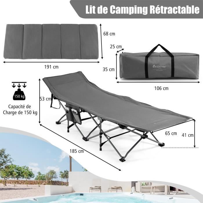 Lit De Camping Pliable Avec Dossier Réglable Matelas Amovible Et Oreiller Chaise Longue Inclinable Charge 200kg Gris Lit De Camping Pliable Avec Dossier Réglable Matelas Amovible Et Oreiller Chaise Longue Inclinable Charge 200kg Gris