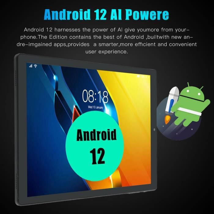 Tablette 10,1 Pouces Android 12, Tablette à Dix Cœurs avec Double Caméra, 6  Go de RAM 128 Go de ROM, écran IPS HD 1960 X 1080, WiFi, Bluetooth