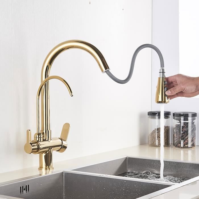 Robinet De Cuisine Mitigeur 3 Voies - Laiton Nickel Brossé - Rotation 360°, Avec Filtre à Eau - Pour Eau Potable, Chaude Et Froide