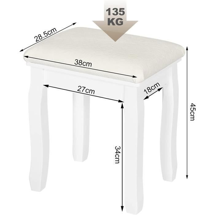 Tabouret pouf pour coiffeuse petite chaise piano fauteuil en bois blanc  40x30x51