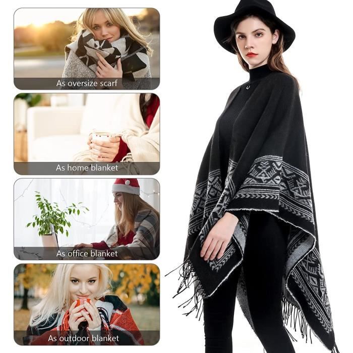 Chale Femme Poncho Hiver Chaud Grosse Echarpe Châles Laine Polaire Cape