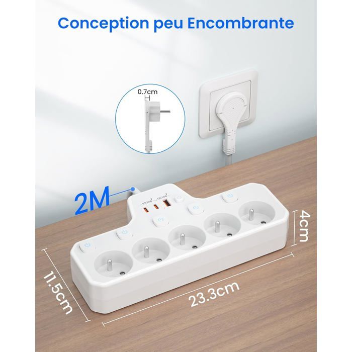 Multiprise Plate 5 Prises 16 A Avec Interrupteurs Individuels 2 