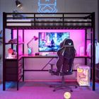 SEYAKANY Lit mezzanine 90x200cm avec éclairage LED, lit enfant avec bureau et prise + USB, lit coffre avec 3 tiroirs+étagères, Métal, noir