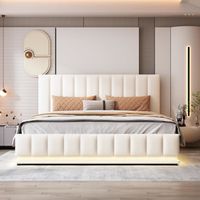 Lit Coffre 160 x 200 cm capitonné hydraulique avec LED - Sommier à lattes  et Tête de lit réglable en hauteur inclus - Blanc