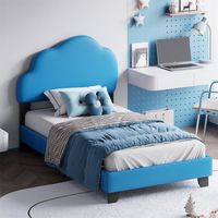 Lit simple capitonné 90x200cm, lit d'enfant, cadre de lit tapissé avec sommier à lattes et tête de lit en forme de nuage, PU, Bleu