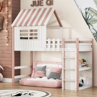 Lit mezzanine 90x200cm, lit cabane d'enfant forme de toit avec échelle, étagère de rangement, avec sommier à lattes, rose