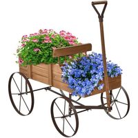 GOPLUS Jardinière Forme Brouette Chariot Décoratif en Bois avec 2 Bac de Plantation pour Jardinière,Jusqu’à 15kg,35×62,5×60cm Noyer