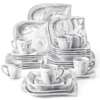 MALACASA Assiette Série ELVIRA, 30 pièces Service de Table Porcelaine Marbre, Le dessin de motif d'eau grise lisse - Gris