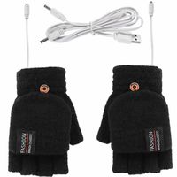 Gants thermiques en laine tricotés pour l'hiver, mitaines chauffantes USB pour étudiants - noir