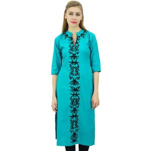 Bleu Turquoise Femme Casual Robe solide Pakistanais Kurta Coton Col Mandarin