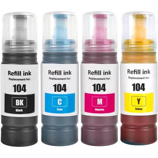 Encres Compatibles E104 Pour Imprimantes Epson ET-série - Lot 4 Flacons (Noir, Cyan, Magenta, Jaune) - 70 Ml Chacun - 9