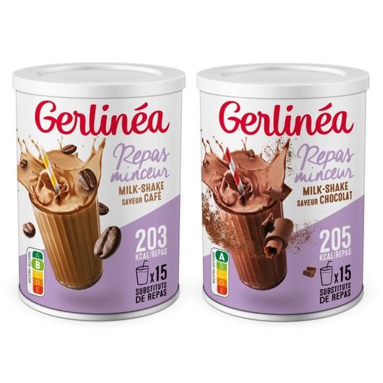 Gerlinéa - Lot de 2 Boissons Milkshake Café et Chocolat - Substituts de repas riches en protéines - Poudre à reconstituer - 30 repas