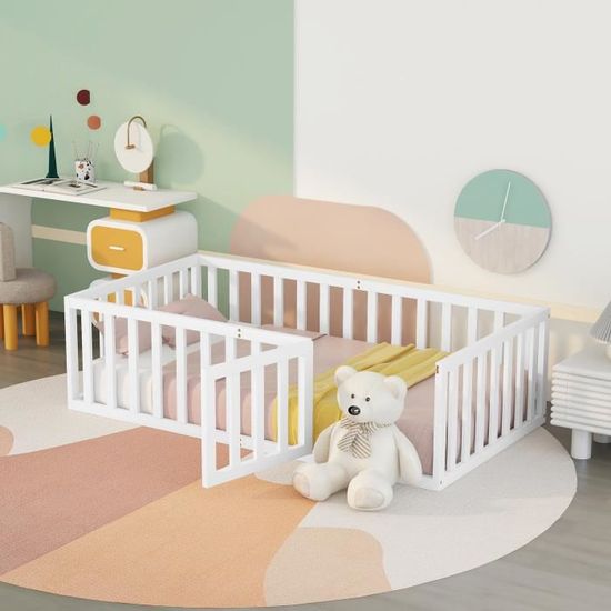 Lit bébé 90 x 200 cm, Sol en bois Cadre de lit avec clôture et porte, Blanc  - Cdiscount Maison