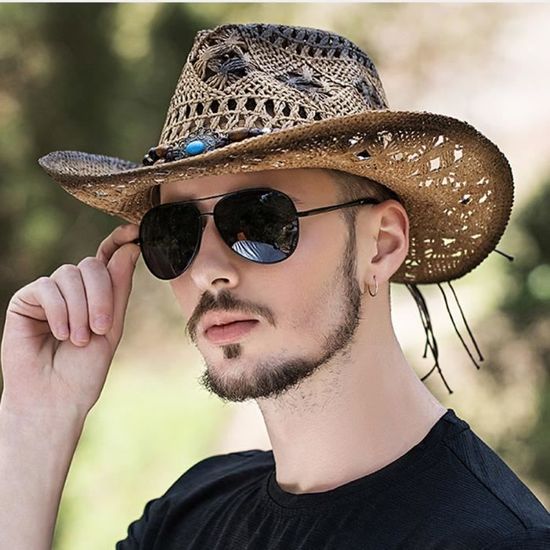 Chapeau De Paille Unisexe Style Cowboy - Respirant, Protection Soleil, Tour De Tête 50-60 Cm (café, Bleu Marine, Beige...) - 6