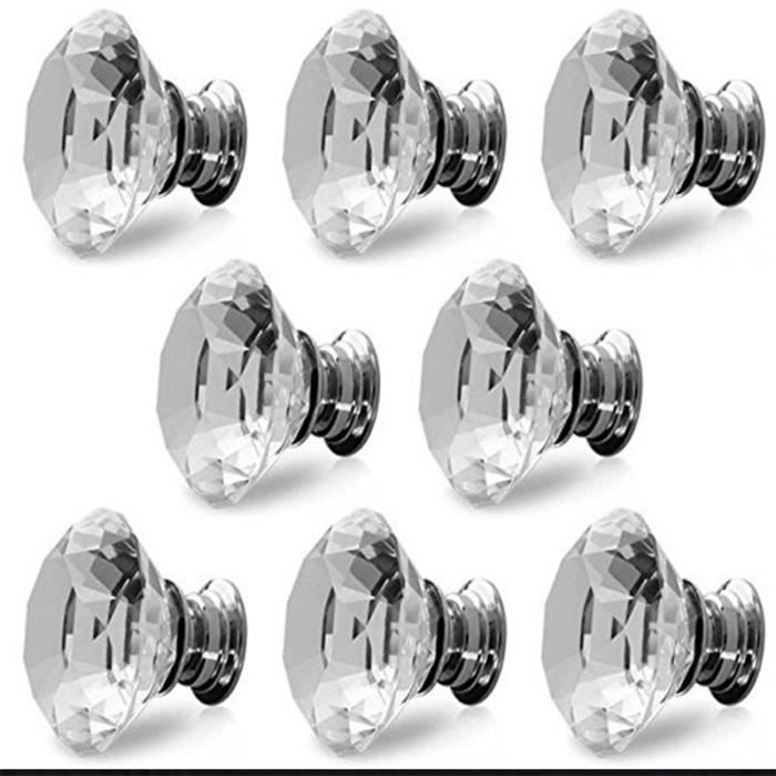 Lot de 8 boutons de porte / poignées de meuble en verre transparent avec vis 40 mm