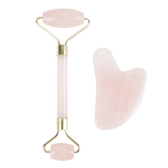 Trousse à outils de massage facial avec un rouleau en pierre et une plaque à gratter de quartz rose naturelle double tête-LAV