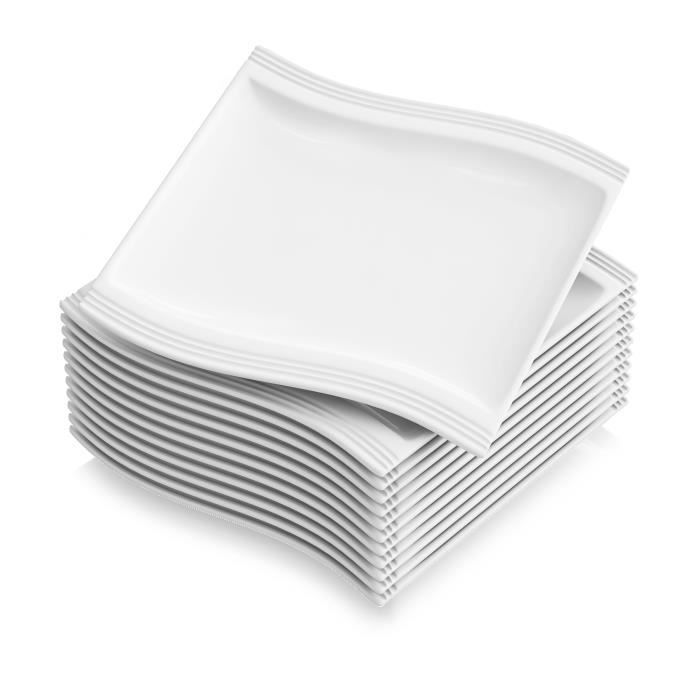 Malacasa Flora 12pcs Assiettes à Dessert Gâteau en Porcelaine 21cm Assiette Plate Carré Service de Table Vaisselles Céramique