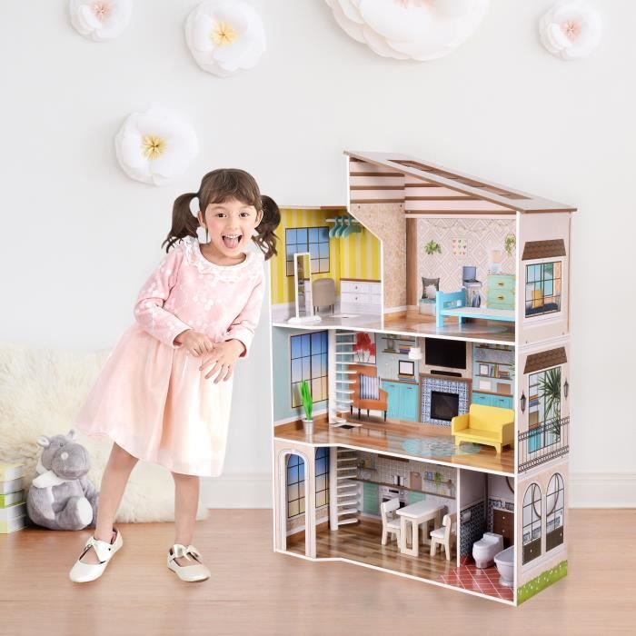 Maison de poupée en bois enfant 3 étages avec 17 accessoires multicolore Méditerranéen Olivia’s Little World TD-13551B