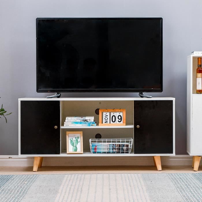 Meuble TV télé 110 cm style scandinave design vintage avec 2 niches et 2 portes décor blanc mat et gris anthracite
