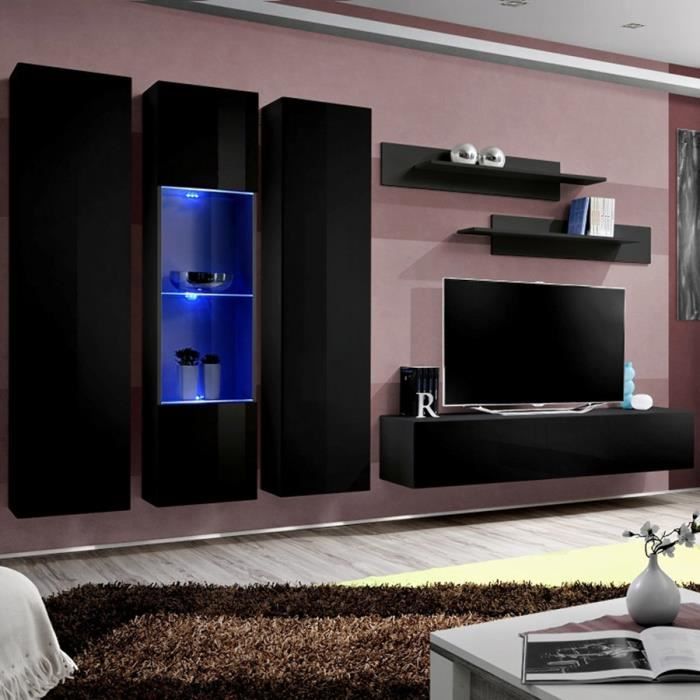 Meuble TV suspendu design noir ORLANDO Noir L 310 x P 40 x H 190 cm