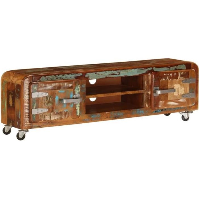 Meuble TV - Style Industriel - Avec 4 Roulettes - Bois de Récupération - 120 x 30 x 36 cm