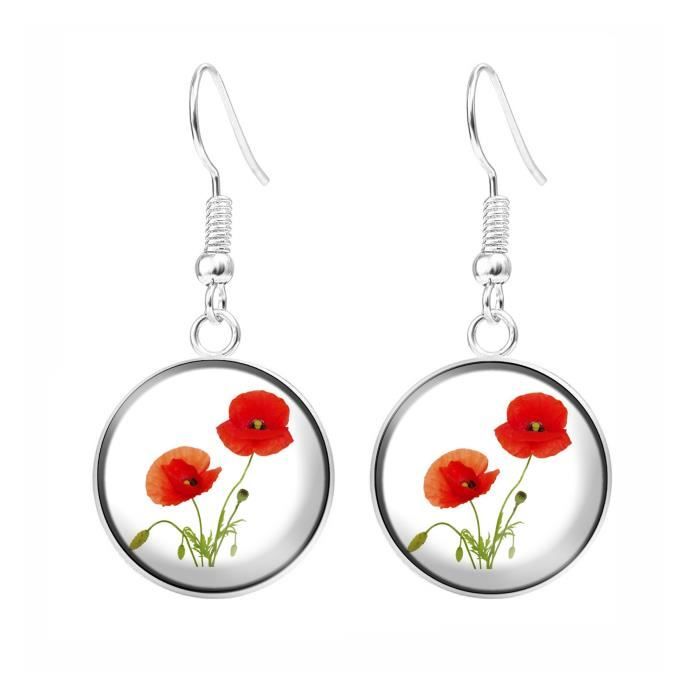 Bijoux en cabochon motif coquelicot avec ses feuilles création fait main modèle au choix - Boucles d'oreilles