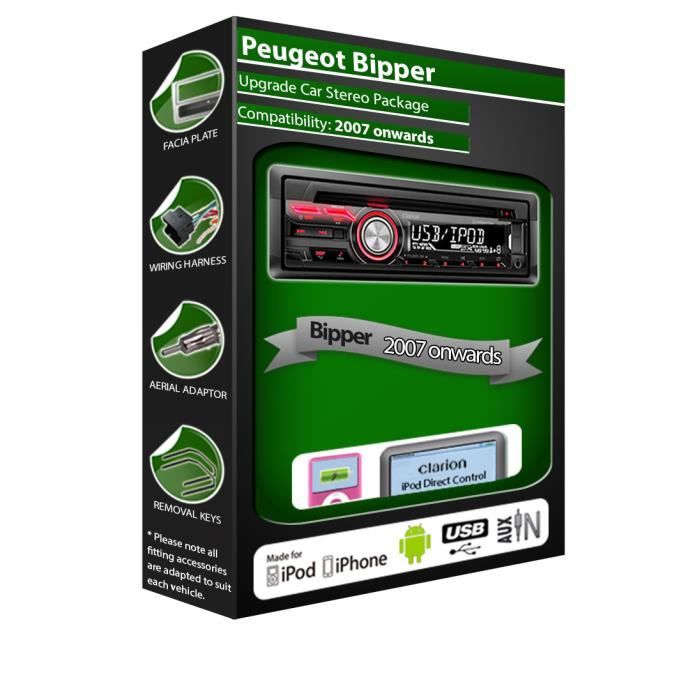 Peugeot Bipper auto radio stereo, Clarion lecteur CD USB iPod iPhone Android