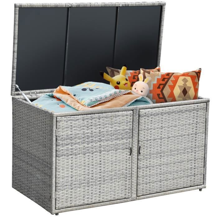 GAOMON Banc De Rangement Rotin Chêne/noir – Coffre à Jouets 118 Kg, Avec Coussin Et Charnières De Sécurité