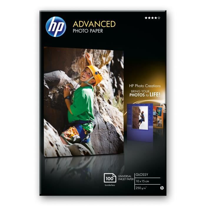 HP Papier brillant sans bordure Advanced (100 feuilles-10 x 15 cm), Gloss, 250 g-m², Noir, Bleu, Blanc, Laser-a jet d'encre
