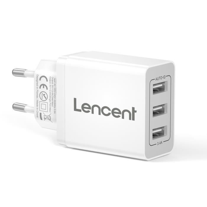 LENCENT Chargeur Secteur USB,3 Ports Prise USB Secteur Multiple Mural 17W-3.4A, blancheur