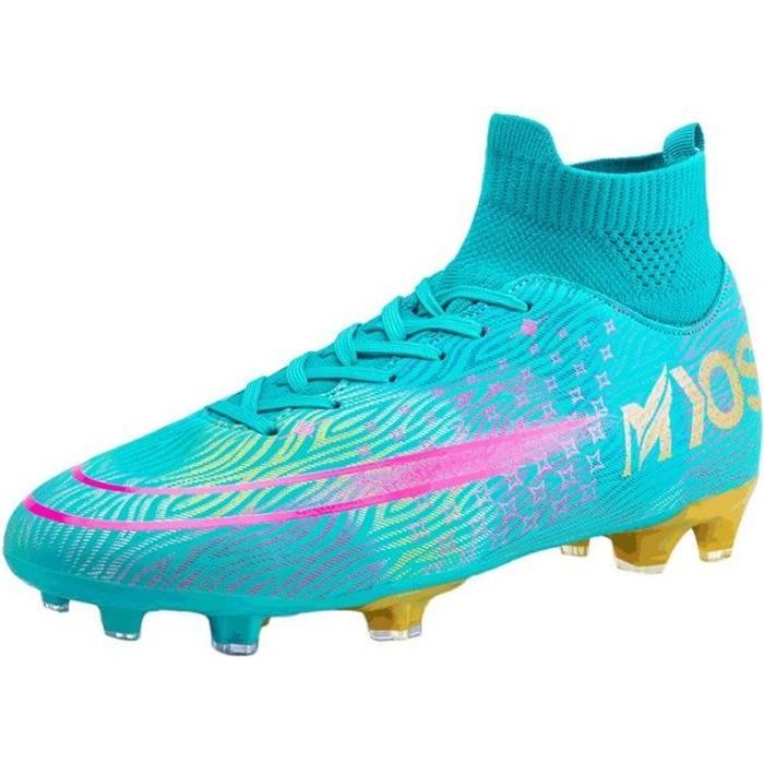 Chaussures de Football Homme High Top Spike Crampons Profession Athlétisme Entrainement Chaussures de Sport bleu