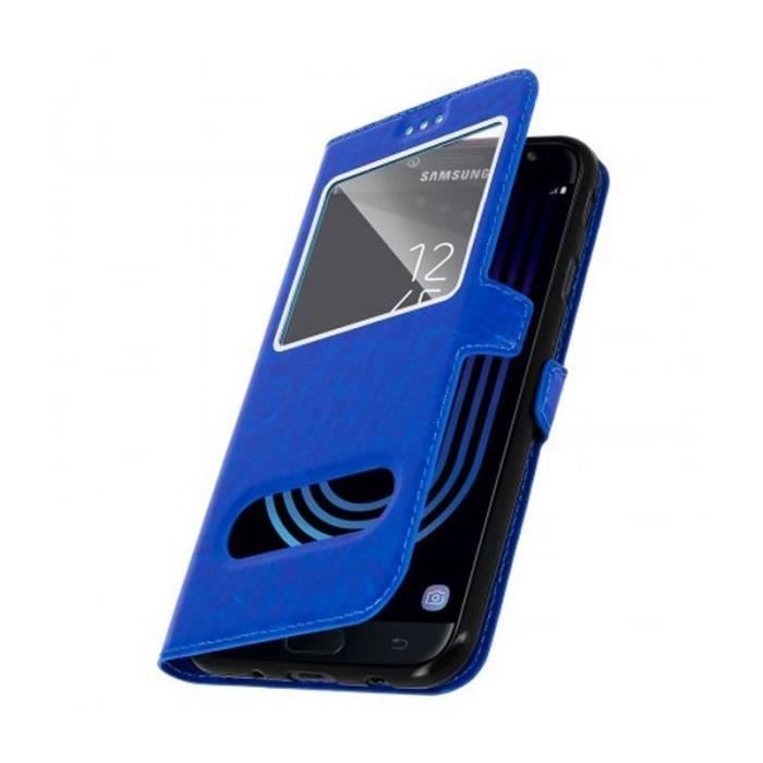 Housse Etui Double Fenetre Bleu Protection pour Samsung Galaxy J7 2017