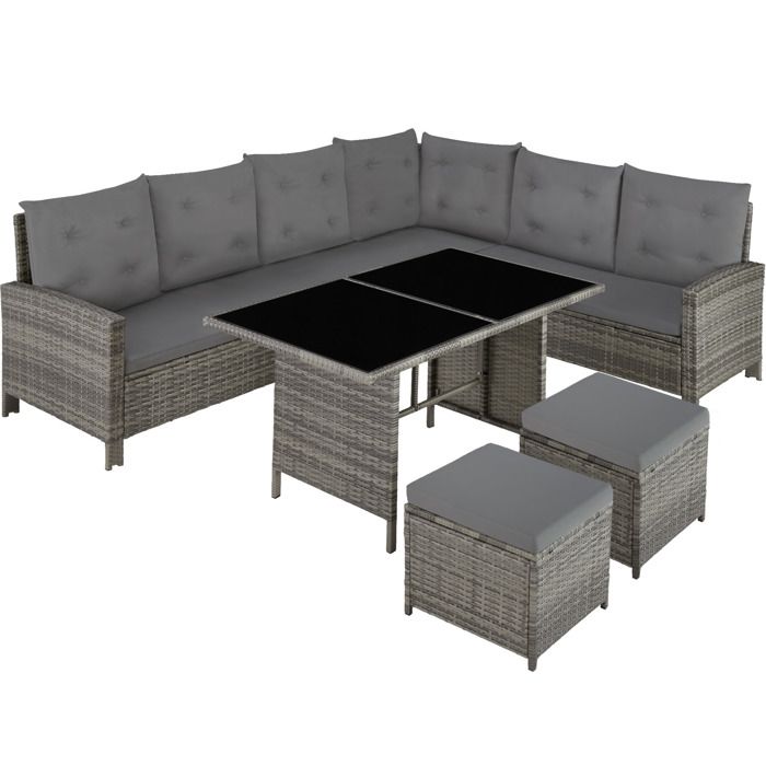 TECTAKE Salon de jardin BARLETTA Modulable 1 Canapé d’angle, 1 Table, 2 Poufs Tabourets en Résine Tressée Gris Beige