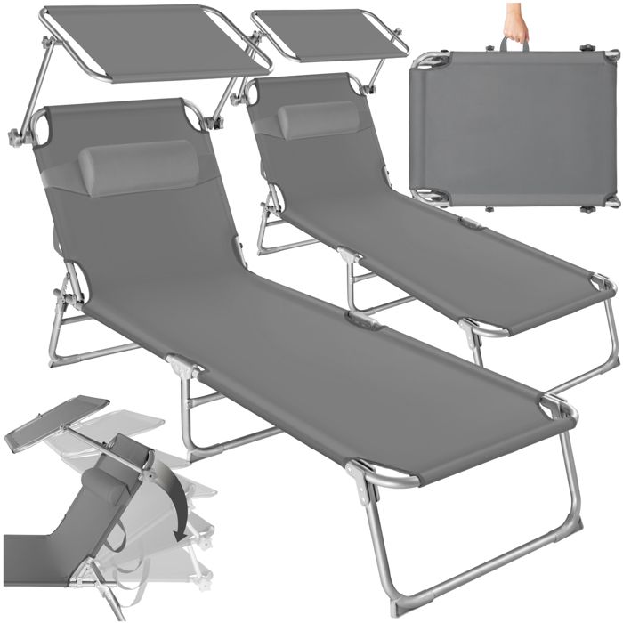 TECTAKE 2X Chaises Longues CHLOE - Transats de Jardin Pliant Réglable avec Pare Soleil + Appuie tête 68 cm x 190 cm x 65 cm Gris