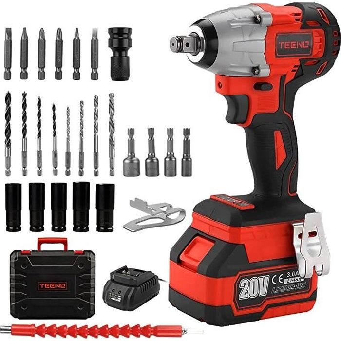 Boulonneuse à Choc sans fil TEENO 320Nm avec 3.0Ah Batterie, Boîte avc 26pcs Accessoires